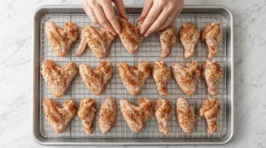 A top-down view shows hands carefully arranging seasoned raw chicken wings in a single layer on a wire baking rack over a metal sheet pan, ensuring optimal airflow for the perfect crispy finish.