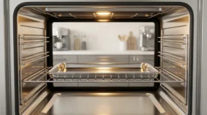 An empty stainless steel baking sheet is centered on the wire rack inside a preheated oven, demonstrating the essential setup for achieving crispy oven-baked chicken wings.