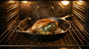 A stuffed chicken breast baking in a cast-iron skillet inside a hot oven, showing bubbling cheese filling and steam rising.