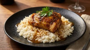 A golden-brown slow cooker chicken thigh rests over a bed of fluffy white rice smothered in rich savory pan sauce on a dark plate for a best side dish for slow cooker chicken feature.
