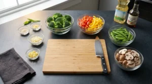 A wooden cutting board with a chef's knife surrounded by bowls of fresh broccoli, sliced red and yellow bell peppers, sugar snap peas, mushrooms, and aromatics for a chicken stir fry recipe.