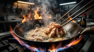 Sliced chicken pieces cooking in a hot wok over a high gas flame with rising steam and flames in a professional kitchen for a best wok for chicken stir fry review.