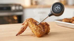 A digital meat thermometer inserted into a freshly baked, seasoned chicken wing shows an internal temperature of 175°F, demonstrating the precision needed to ensure the wings are perfectly cooked and safe to eat.