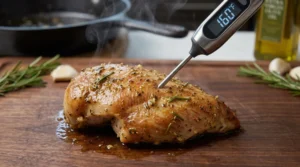 A digital meat thermometer inserted into a cooked, steaming chicken breast on a wooden cutting board reads 160°F for a juicy lemon herb chicken breast recipe.