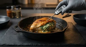 A gloved hand inserting a digital meat thermometer into a cooked stuffed chicken breast in a cast-iron skillet, showing a reading of 165°F with steam rising.