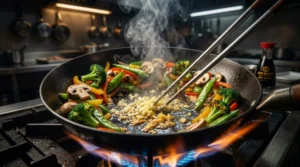 Chopped garlic sizzling in the center of a hot wok surrounded by fresh broccoli, sliced peppers, and mushrooms with rising steam and a gas flame for a chicken stir fry aromatics guide.