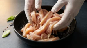 A person wearing white gloves tosses and coats sliced chicken strips in a marinade inside a dark bowl for a chicken stir fry marinade recipe.