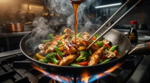 Rich stir fry sauce being poured from above onto a sizzling mixture of chicken, broccoli, peppers, and snap peas in a hot wok over a gas flame.