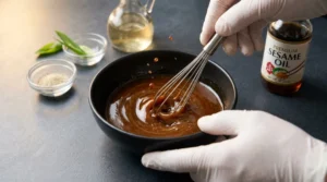 A person wearing white gloves whisks a rich homemade chicken stir fry sauce in a dark bowl next to a bottle of premium sesame oil on a dark countertop.