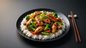 A dark plate piled high with fluffy white rice, glossy chicken pieces, broccoli, mushrooms, bell peppers, and snap peas garnished with sesame seeds and green onions next to chopsticks.