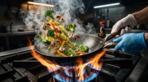 A person wearing gloves tosses fresh vegetables including broccoli, mushrooms, and peppers in a hot wok over an open gas flame with rising steam.