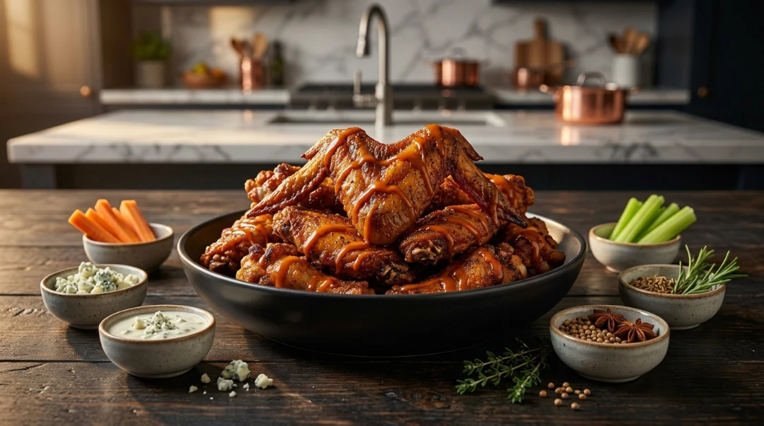 A beautifully composed top-down shot of a large, dark bowl filled with spicy, sauce-glazed chicken wings, surrounded by small dipping bowls of blue cheese, crisp celery sticks, carrot sticks, and aromatic spices on a dark wooden table in a professional kitchen setting.