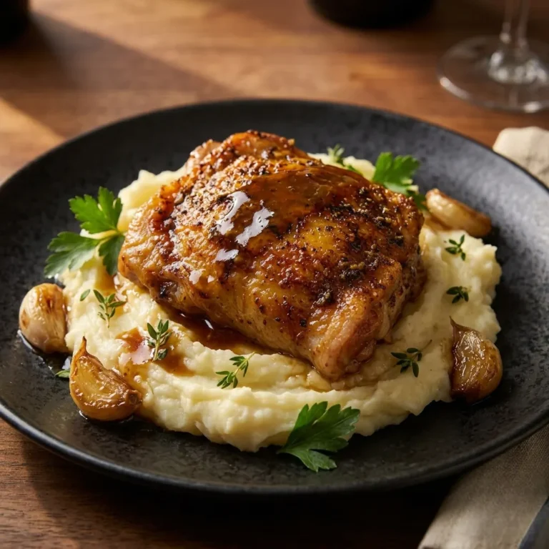 A golden slow cooker chicken thigh rests on a bed of creamy mashed potatoes garnished with roasted garlic cloves, fresh thyme, and parsley on a dark plate.