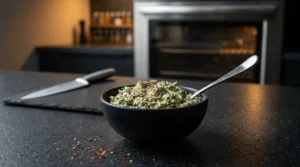 A black bowl filled with a creamy spinach and cheese filling mixture garnished with spices and a spoon, sitting on a dark countertop next to a kitchen knife with an oven in the background.
