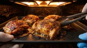 A person using tongs places a baking sheet of slow cooker chicken thighs under the broiler in an oven for a crispy finish.