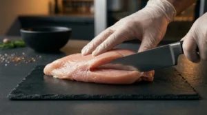 A pair of gloved hands using a sharp chef's knife to carefully cut a pocket into a raw chicken breast on a dark slate cutting board.