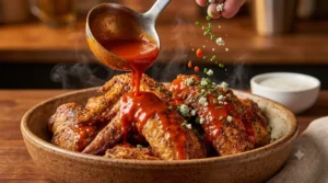 A close-up shot shows a ladle pouring vibrant, spicy buffalo sauce over a bowl of crispy chicken wings, while a hand sprinkles fresh chives and blue cheese crumbles over the top, creating a mouth-watering final presentation.