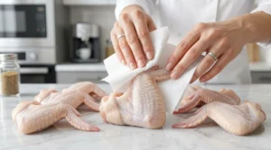 Hands using a white paper towel to thoroughly dry raw chicken wings on a clean marble countertop, a critical preparation step for achieving crispy oven chicken wings.