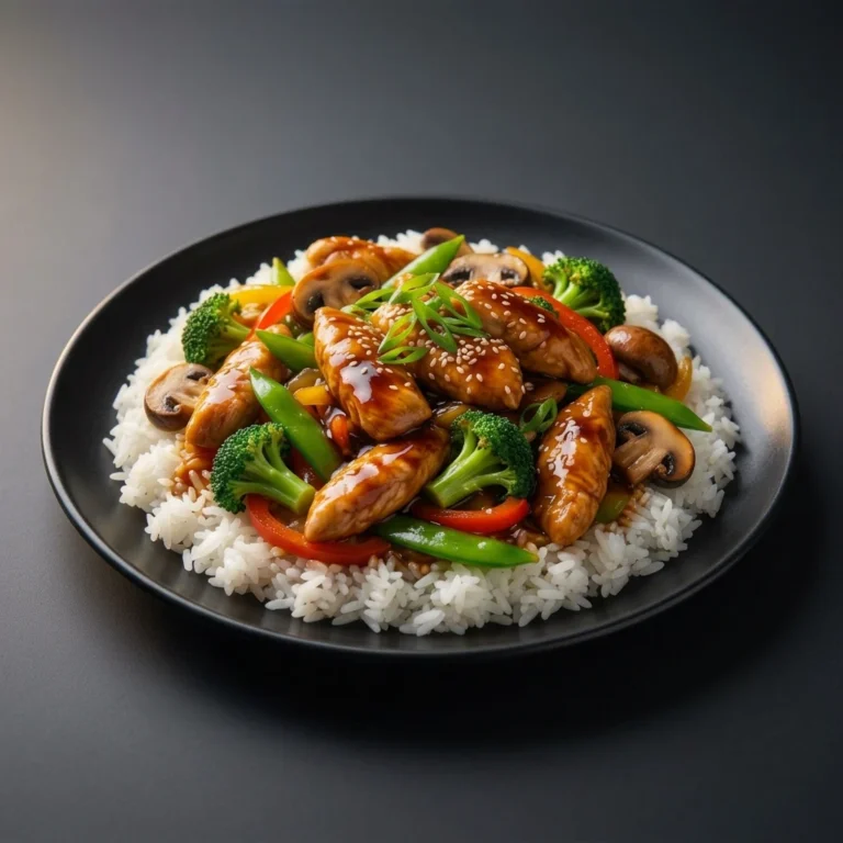 A black plate featuring a bed of fluffy white rice topped with glazed chicken stir fry chicken chunks, broccoli florets, sliced mushrooms, red bell pepper, and snap peas, garnished with sesame seeds and green onions.