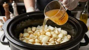 A person wearing gloves pours chicken stock from a measuring cup over chopped onions and garlic cloves inside a slow cooker for an easy slow cooker chicken recipe.