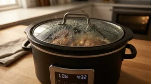 A black digital slow cooker sits on a wooden kitchen counter with a condensation-covered glass lid, showing "Low" and "4:32" on the digital display for a how long to cook chicken in slow cooker guide.