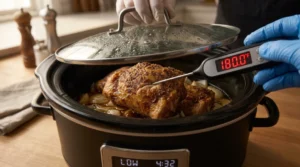 A person in blue gloves checks the internal temperature of cooked slow cooker chicken thighs with a digital meat thermometer displaying 180°F.