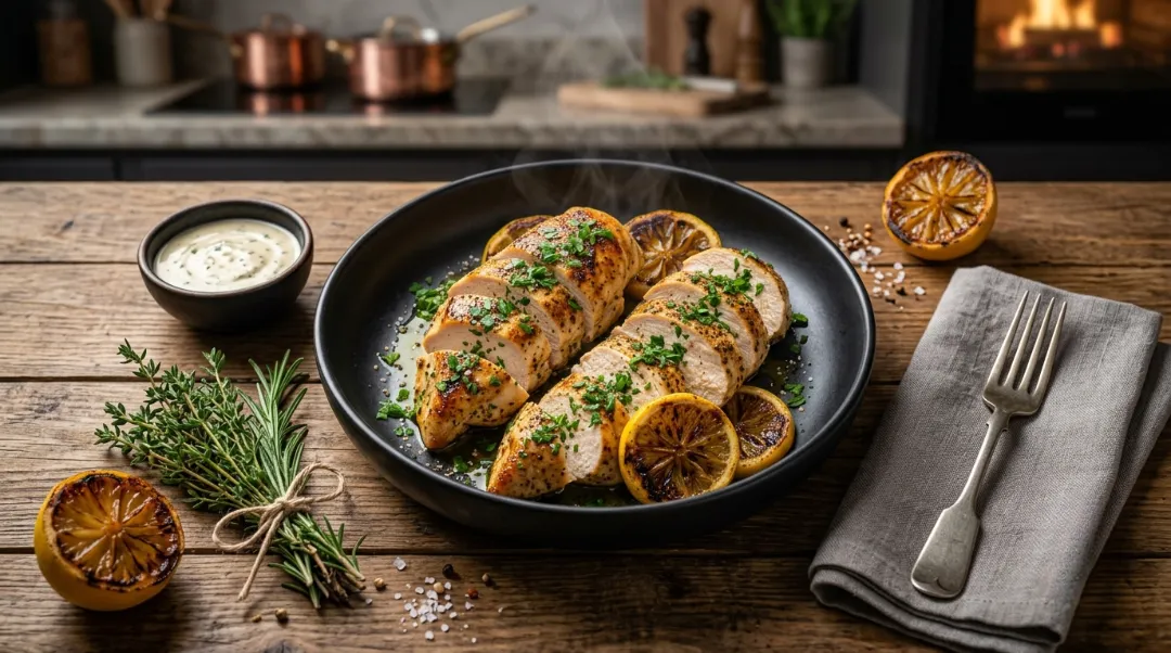 A rustic wooden table features a black bowl filled with sliced lemon herb chicken breasts, charred lemon wheels, and fresh herbs, accompanied by a small bowl of sauce and a fork on a napkin.