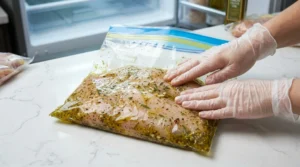 A person wearing disposable gloves presses air out of a large plastic zip-top bag filled with raw chicken breasts coated in lemon herb chicken marinade on a white marble countertop.