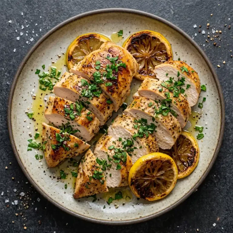 A top-down shot features two sliced, golden-brown lemon herb chicken breasts arranged on a rustic ceramic plate, garnished with chopped fresh herbs and charred lemon slices on a dark surface.