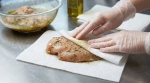 A person wearing disposable gloves uses a paper towel to gently pat a marinated chicken breast before cooking, part of an easy lemon herb chicken recipe preparation on a metal countertop.
