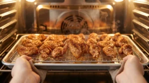 A first-person perspective shows hands using oven mitts to place a metal baking sheet filled with seasoned chicken wings onto the center rack of a hot oven, capturing the moment of baking to achieve the ideal crispy texture.