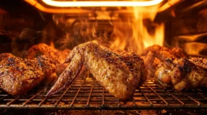 Close-up of golden-brown, seasoned chicken wings broiling on a wire rack inside a hot oven, with visible steam and radiant heat, capturing the final stage of achieving the ultimate crispy texture.