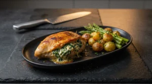 A golden-brown stuffed chicken breast served on a dark plate alongside roasted baby potatoes and asparagus, with a knife resting in the background.