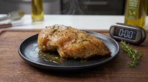 A steaming, golden-brown chicken breast rests on a dark ceramic plate with savory juices, alongside a digital timer on a wooden board for a baked lemon herb chicken recipe.