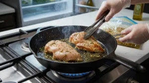 A person wearing disposable gloves uses metal tongs to flip chicken breasts searing in a hot cast-iron skillet on a gas stovetop for a skillet lemon herb chicken recipe.