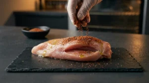 A gloved hand sprinkling seasoning over an oiled chicken breast with a cut pocket, sitting on a dark slate board with a bowl of spices in the background.