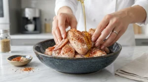 A close-up shot shows hands drizzling golden olive oil over seasoned raw chicken wings in a dark ceramic bowl, demonstrating the crucial step of coating the wings before baking to achieve maximum crispiness.