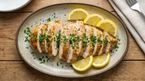 A top-down view shows a sliced lemon herb chicken breast garnished with fresh parsley and coarse salt on an oval ceramic plate next to fresh lemon wedges and a fork on a rustic wooden table.