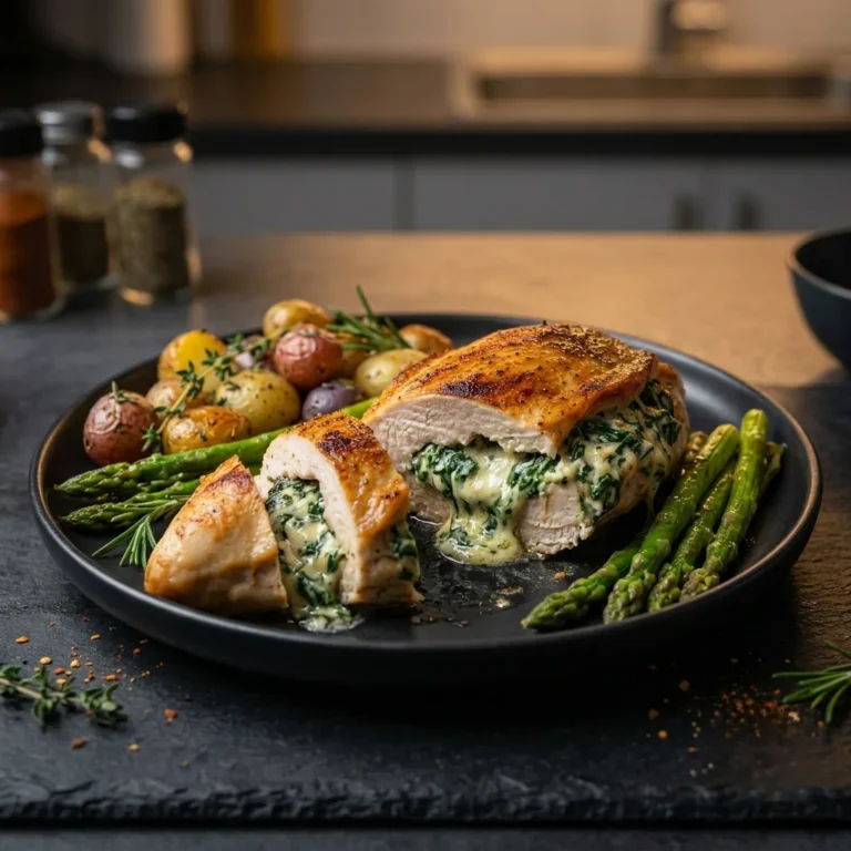 A sliced stuffed chicken breast revealing a warm, gooey spinach and cheese center, served on a dark plate with roasted baby potatoes and asparagus.