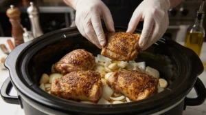 A person wearing gloves places seasoned chicken thighs into a slow cooker over a bed of onions, garlic, and chicken stock for a slow cooker chicken breast recipe workflow.