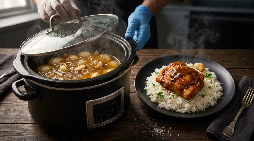 A person lifting the lid of a black slow cooker next to a dark plate holding a slow cooker chicken thigh over rice on a wooden kitchen table for a slow cooker chicken recipe roundup.