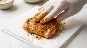 A gloved hand presses spices into raw chicken thighs on a paper towel as part of a slow cooker chicken seasoning workflow.