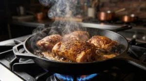 Seasoned chicken thighs sear in a hot cast-iron skillet on a gas stove with rising steam as part of a slow cooker chicken thighs recipe.