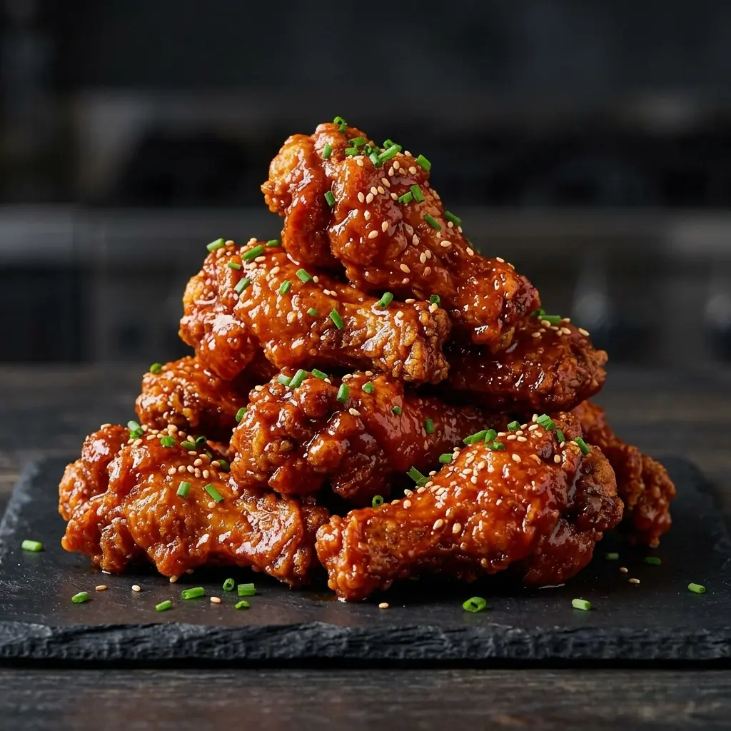 A striking, high-contrast shot of a towering pile of crispy, sticky glazed crispy oven chicken wings, garnished with toasted sesame seeds and fresh green chives, artfully arranged on a rustic black slate serving board.