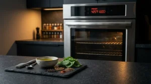 A sleek modern kitchen setup featuring a stainless steel wall oven preheating to 425°F (220°C), with a dark slate countertop holding fresh spinach leaves, a bowl of oil, spices, and a basting brush.