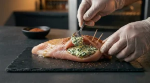 A pair of gloved hands using a spoon to add a creamy spinach and cheese filling into the pocket of an oiled and seasoned chicken breast, secured with toothpicks on a dark slate board.