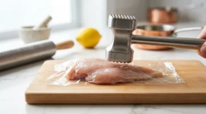 A close-up view shows a metal meat mallet hovering over a raw chicken breast covered in plastic wrap on a wooden cutting board, preparing to flatten it for an even lemon herb chicken breast recipe.
