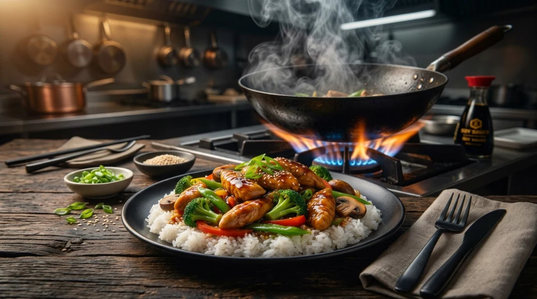 A fully plated chicken stir fry over rice on a rustic wooden table with a hot wok cooking over a gas flame in the background, accompanied by side bowls of sesame seeds, green onions, and black silverware.