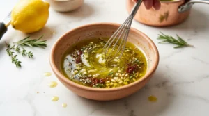 A close-up shot shows a hand using a small whisk to mix oil, minced garlic, spices, and fresh herbs in a ceramic bowl, creating a vibrant lemon herb chicken marinade on a white marble surface.