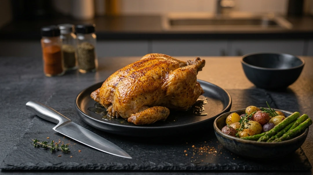 A golden-brown whole roasted chicken on a dark plate, accompanied by a side bowl of roasted baby potatoes and asparagus, with a knife resting on the slate counter.